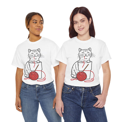 Cat w/Noodle Cup + Yarn Ball Art Drawing Tee Shirt