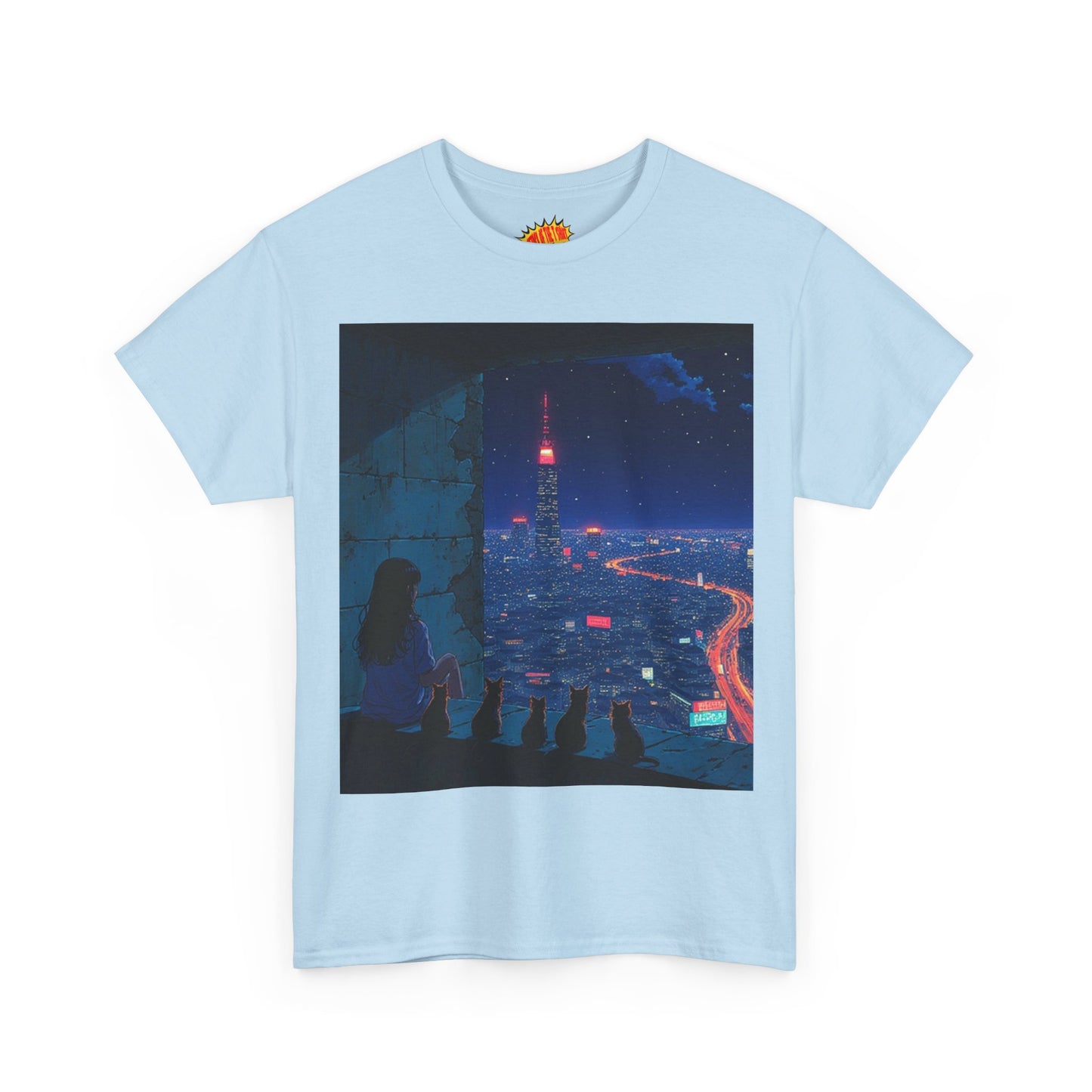 Anime Cityscape Night Scene w/Girl & Cats T-Shirt *Multiple Colors*