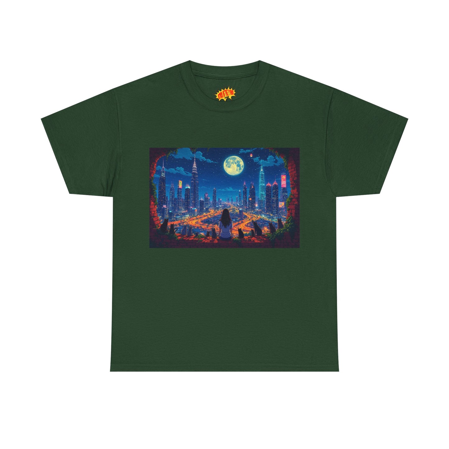 Anime City Night Scene w/Girl & Cats T-Shirt *Multiple Colors*