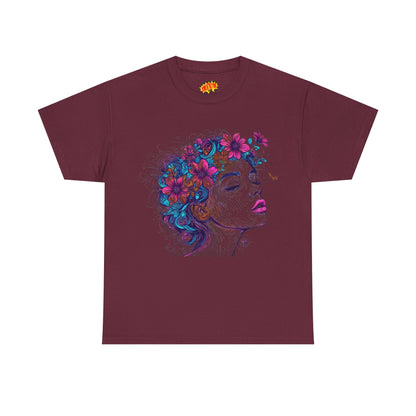 Multicolor Line Drawing Human Flower Graphic Art Tee Shirt