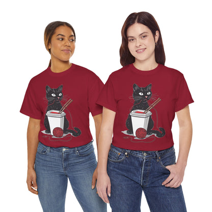 Black Cat w/Noodles + Yarn Ball Art Drawing Tee Shirt
