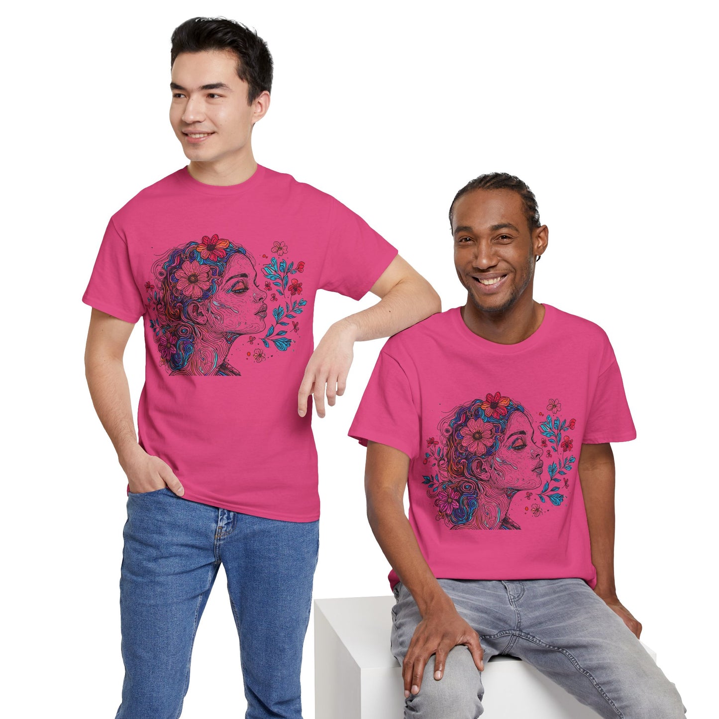 Multicolor Line Drawing Human Graphic Flower Art Tee Shirt *Multiple Colors*