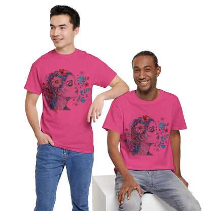 Multicolor Line Drawing Human Graphic Flower Art Tee Shirt