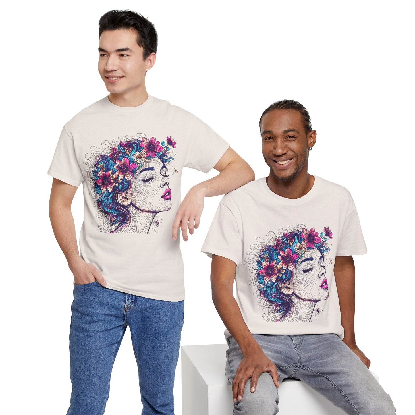Multicolor Line Drawing Human Flower Graphic Art Tee Shirt *Multiple Colors*