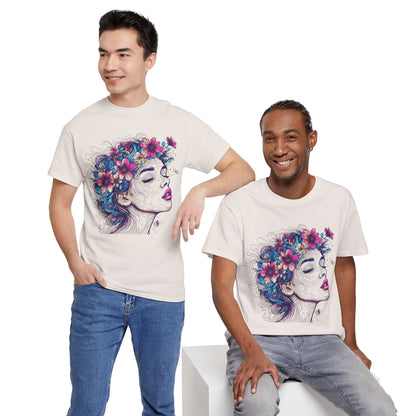 Multicolor Line Drawing Human Flower Graphic Art Tee Shirt