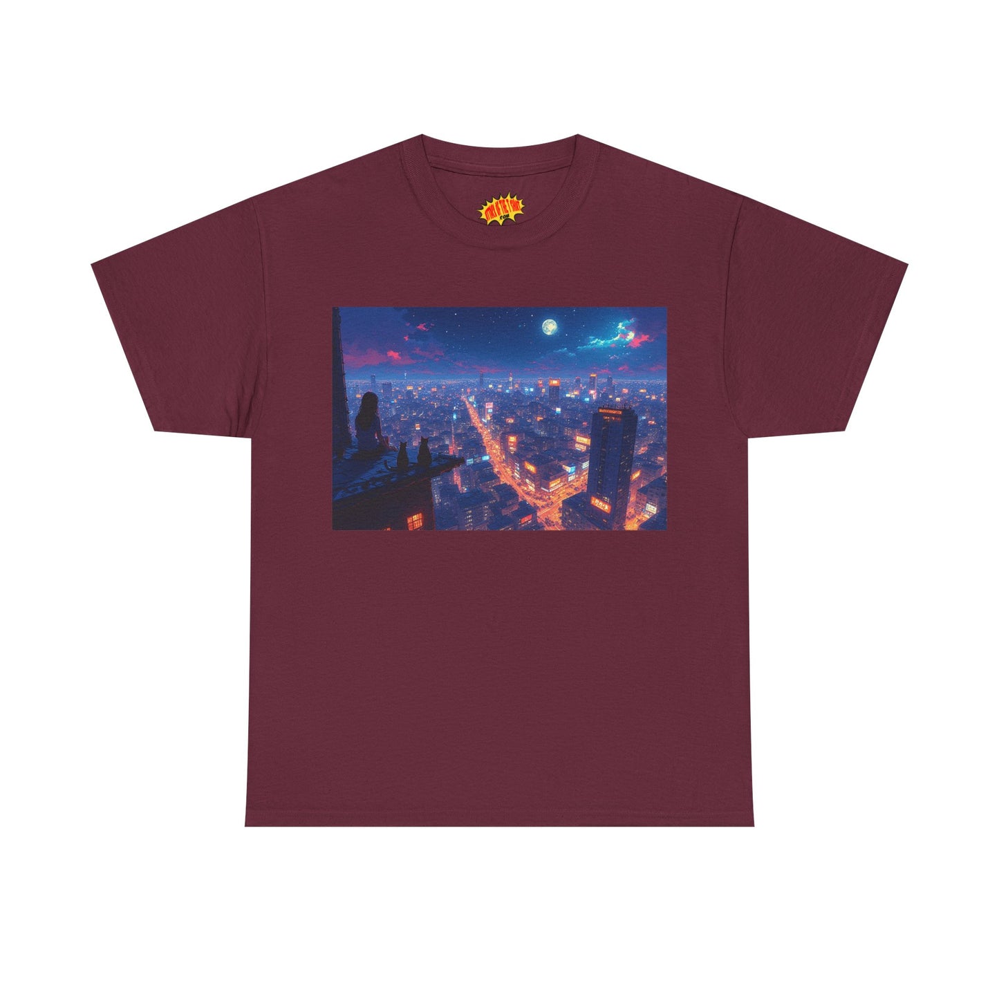 Nighttime Neon Anime Cityscape w/Cats T-Shirt *Multiple Colors*