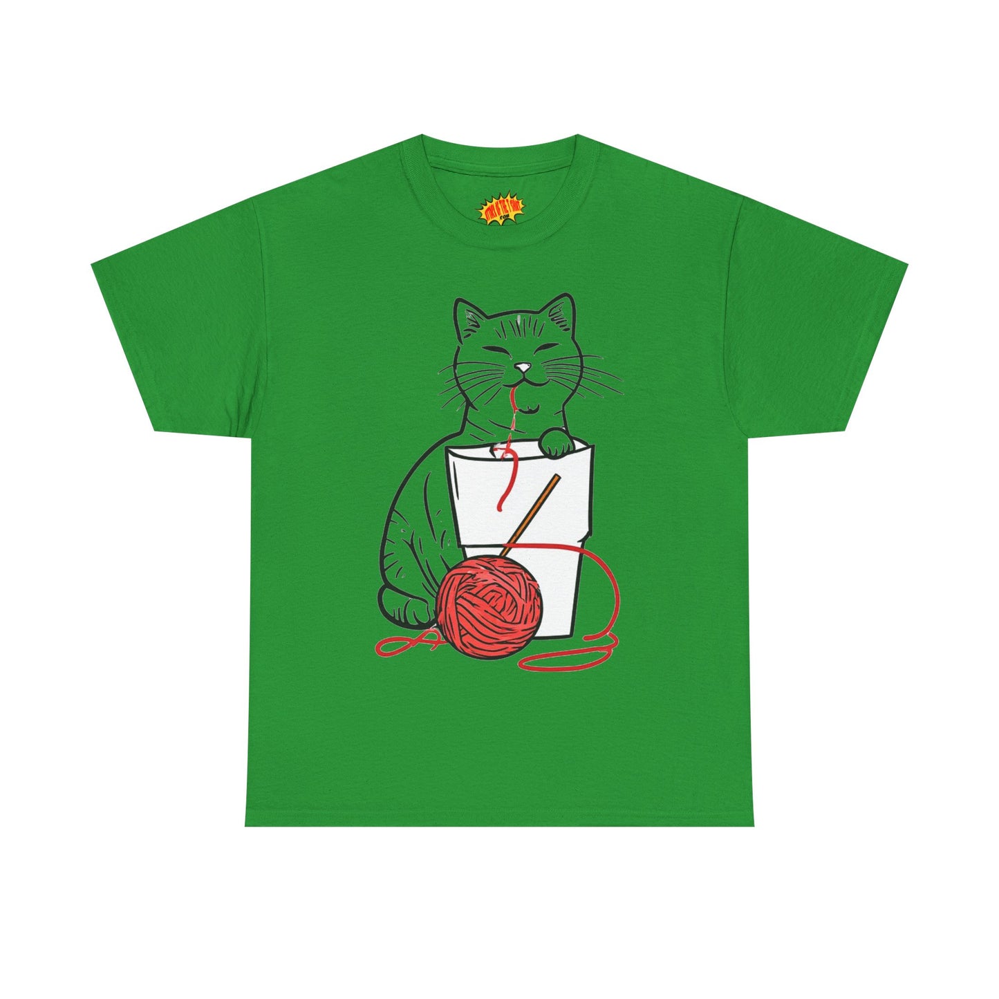 Cat w/Noodle Cup + Yarn Ball Art Drawing Tee Shirt *Multiple Colors*