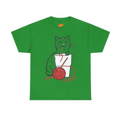 Cat w/Noodle Cup + Yarn Ball Art Drawing Tee Shirt