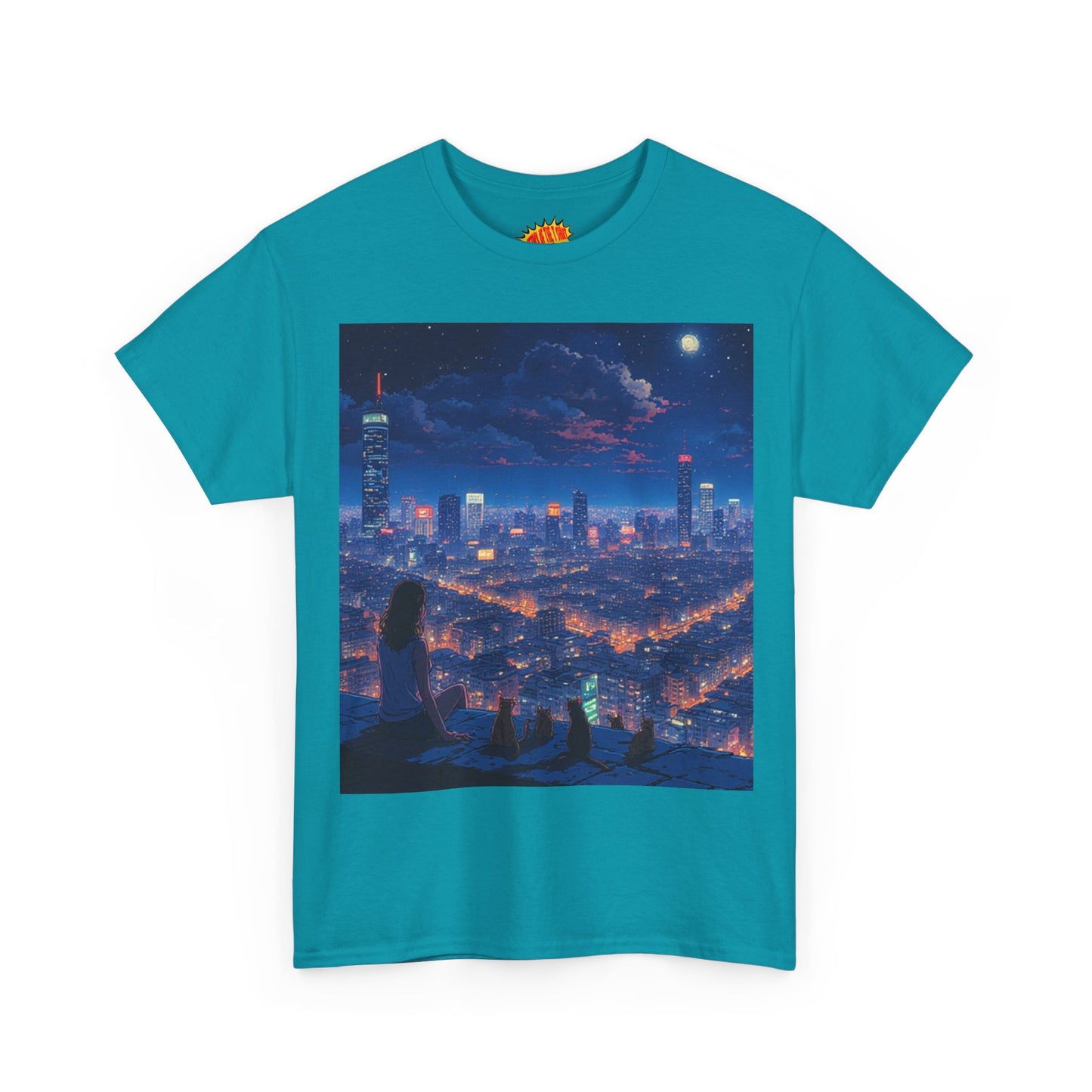 Neon Anime Cityscape Scene w/Girl & Cats T-Shirt *Multiple Colors*