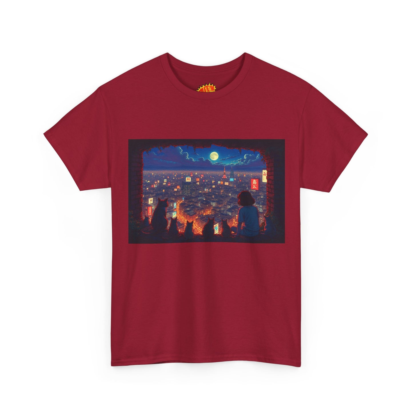 Cityscape Anime Nighttime Scene w/Girl & Cats T-Shirt *Multiple Colors*