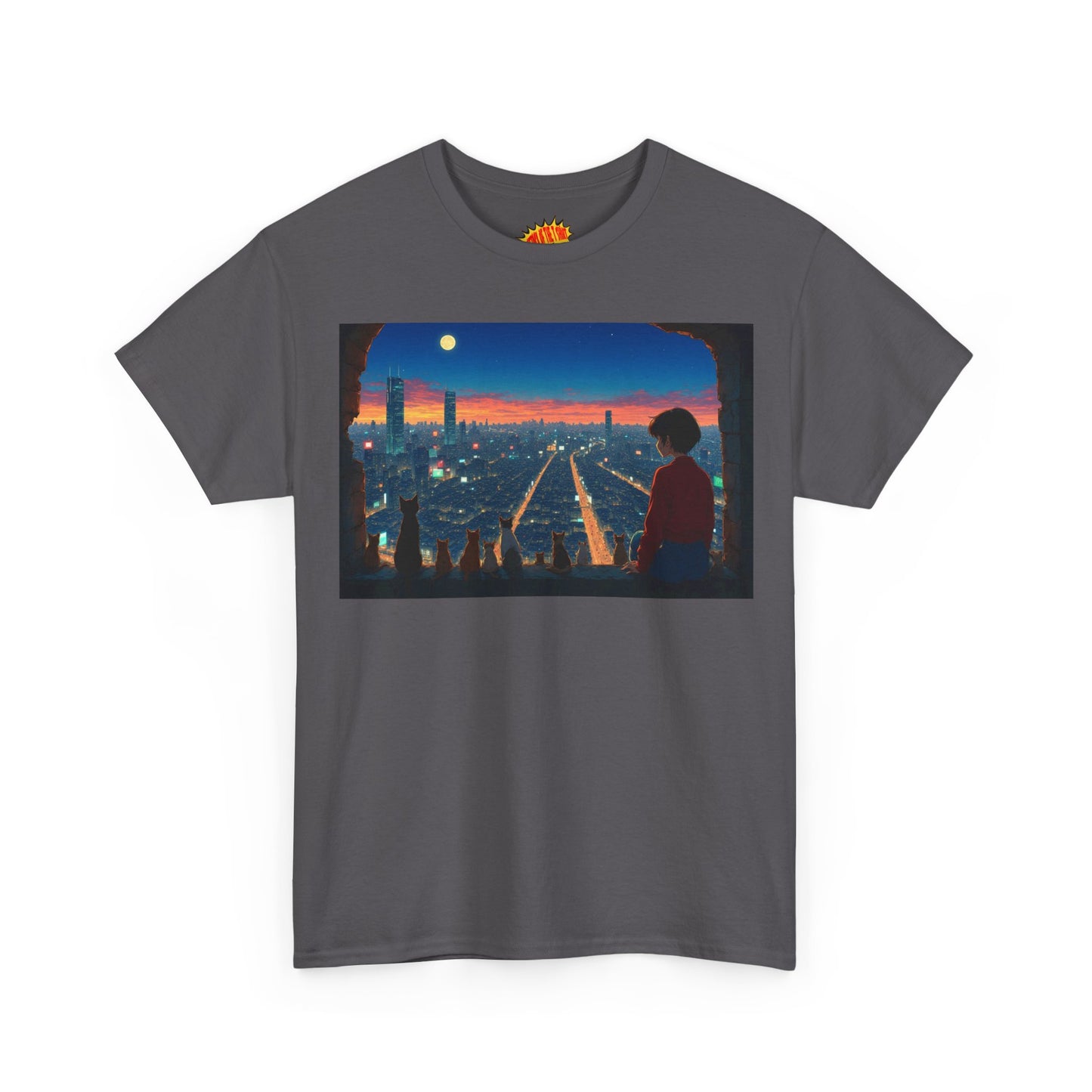 Neon Cityscape Anime Scene w/Girl & Cats T-Shirt *Multiple Colors*