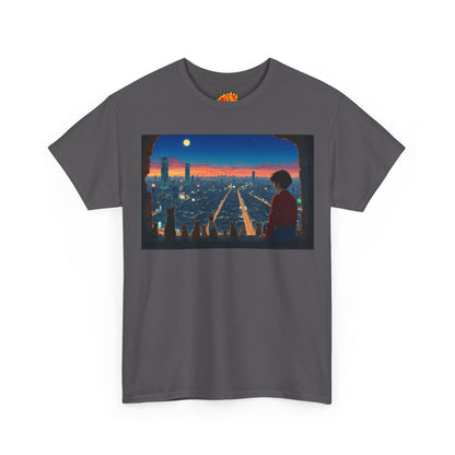 Neon Cityscape Anime Scene w/Girl & Cats T-Shirt