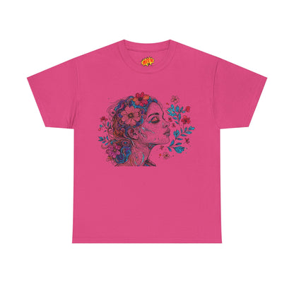 Multicolor Line Drawing Human Graphic Flower Art Tee Shirt