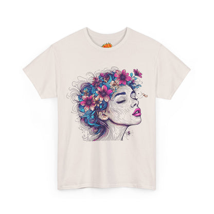 Multicolor Line Drawing Human Flower Graphic Art Tee Shirt