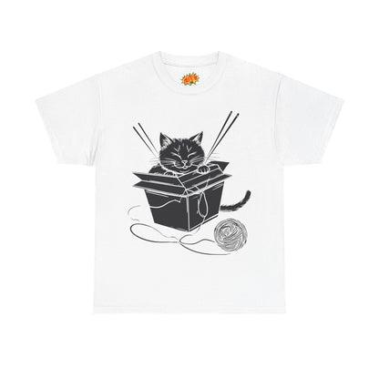 Black Cat w/Box + Yarn Ball Art Drawing Tee Shirt