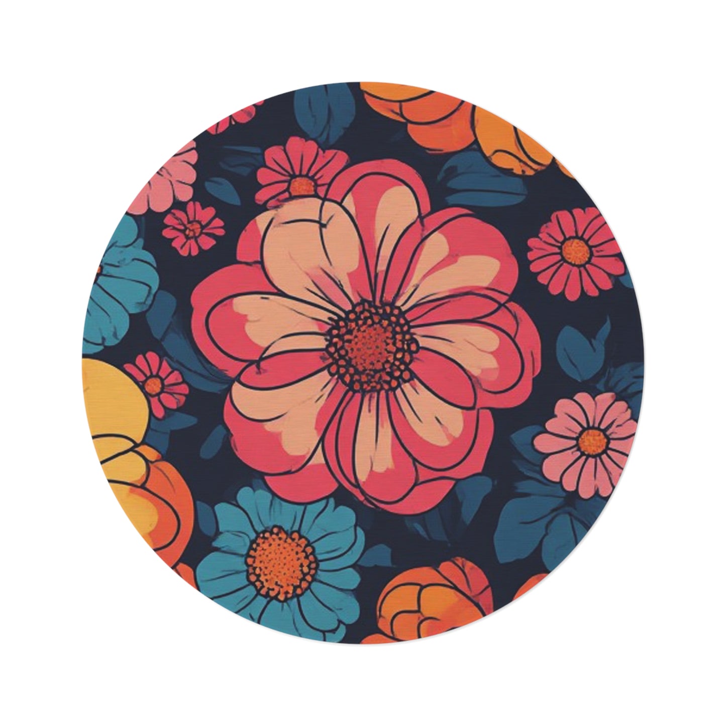 Retro Flower Pattern 60's/70's Style Area Rug - 60in Diameter Round Rug 8
