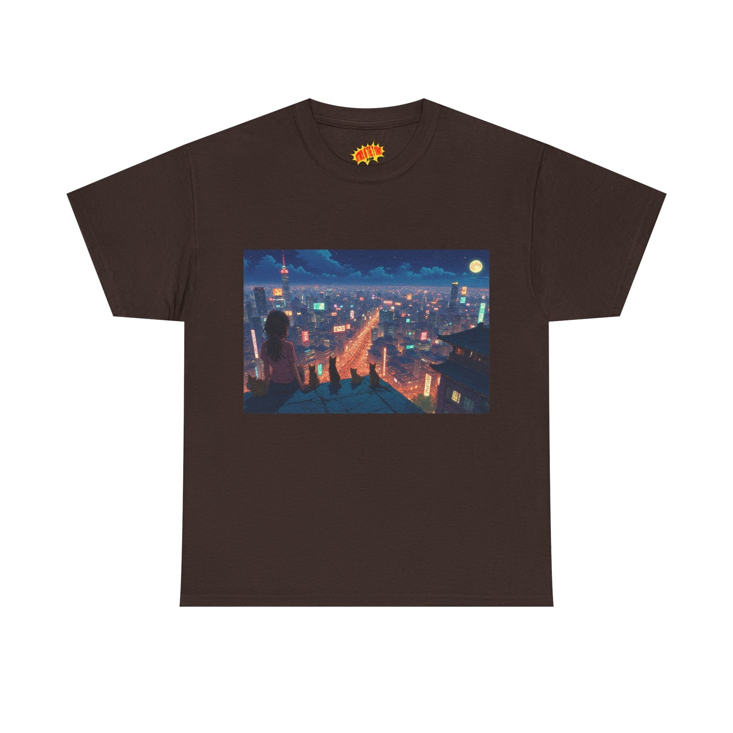 Anime Neon Cityscape Scene w/Girl & Cats T-Shirt *Multiple Colors*