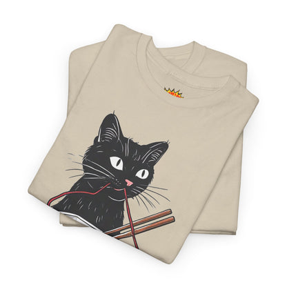 Black Cat w/Noodles + Yarn Ball Art Drawing Tee Shirt