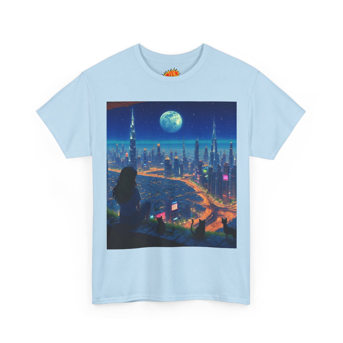 Anime City Full Moon Scene w/Girl & Cats T-Shirt *Multiple Colors*