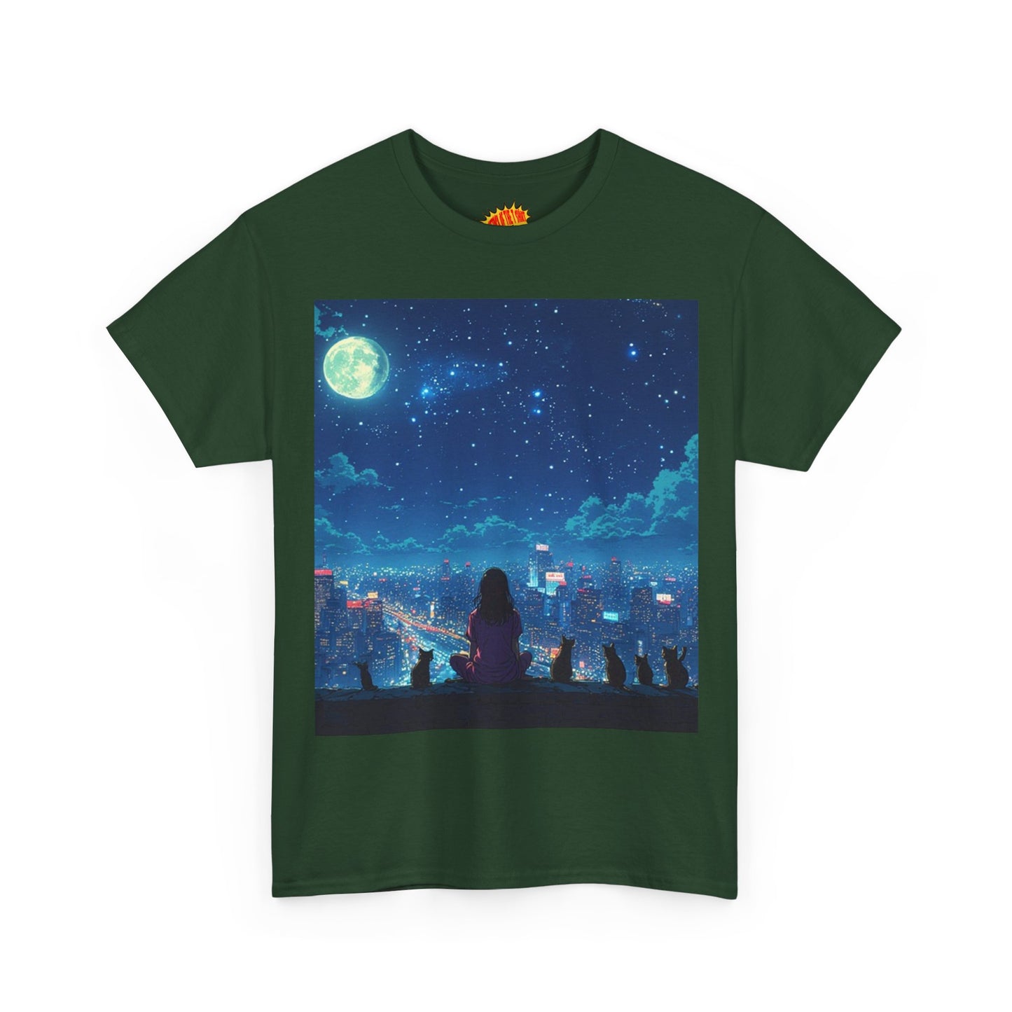 Anime Full Moon City Scene w/Girl & Cats T-Shirt *Multiple Colors*