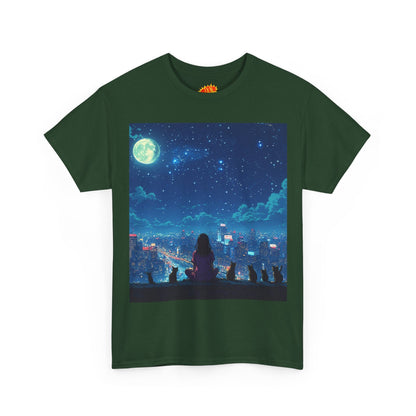 Anime Full Moon City Scene w/Girl & Cats T-Shirt