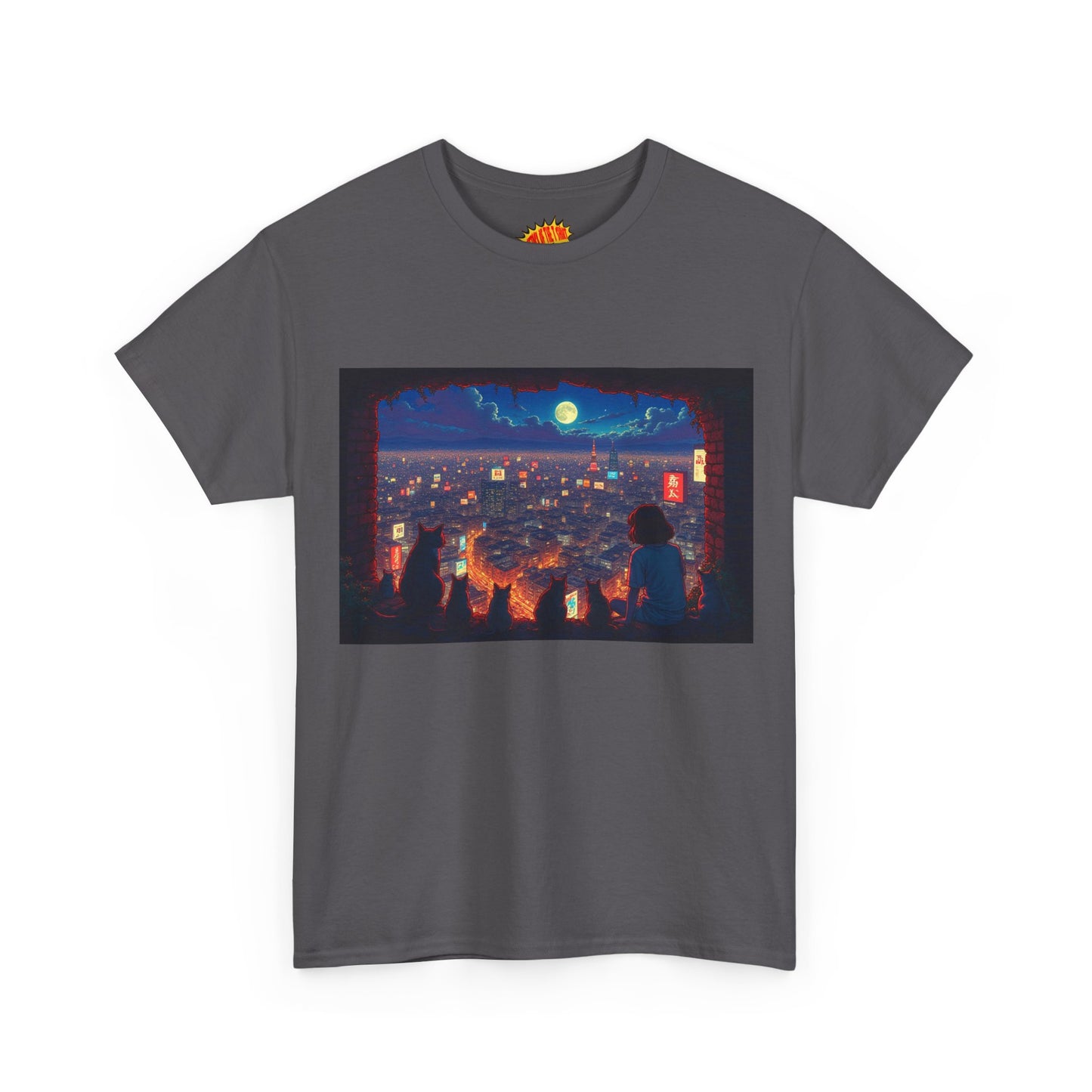 Cityscape Anime Nighttime Scene w/Girl & Cats T-Shirt *Multiple Colors*