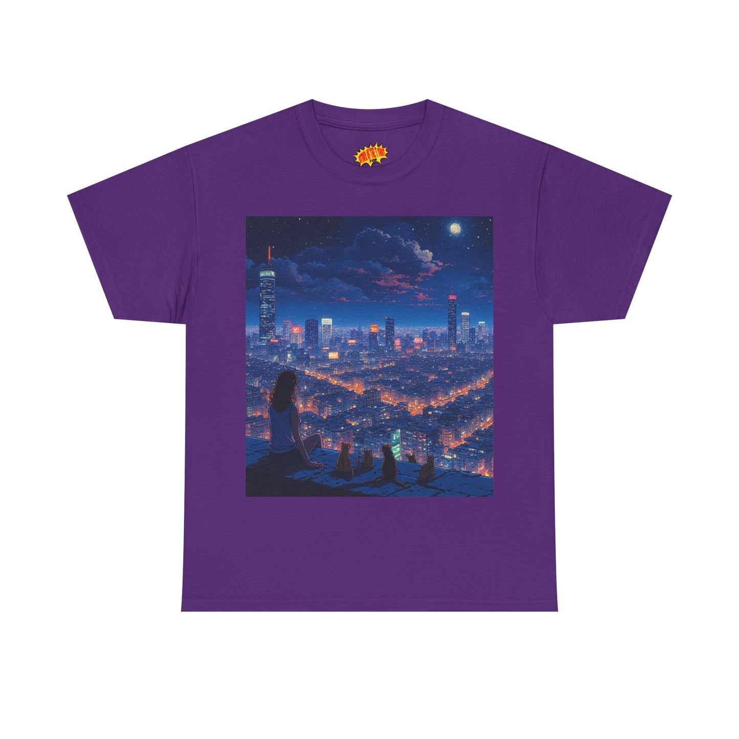 Neon Anime Cityscape Scene w/Girl & Cats T-Shirt *Multiple Colors*