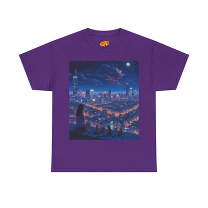 Neon Anime Cityscape Scene w/Girl & Cats T-Shirt