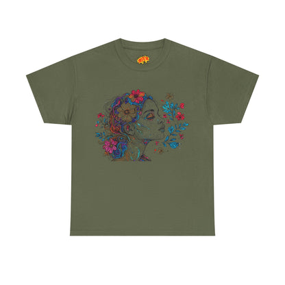 Multicolor Line Drawing Human Graphic Flower Art Tee Shirt