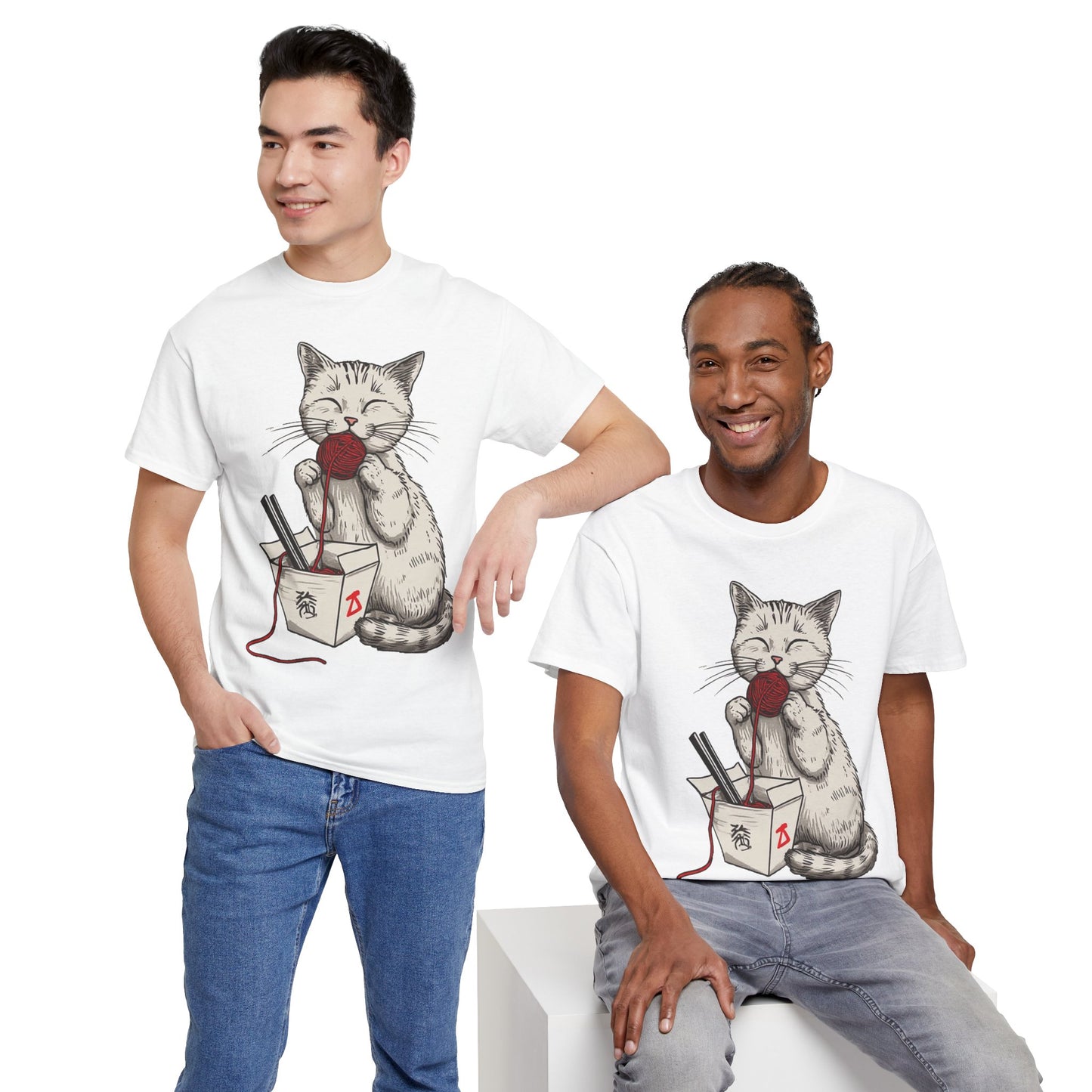 Cat w/Takeout Yarn Noodles Art Tee Shirt *Multiple Colors*