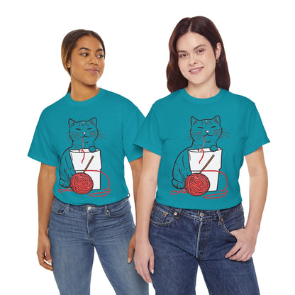 Cat w/Noodle Cup + Yarn Ball Art Drawing Tee Shirt