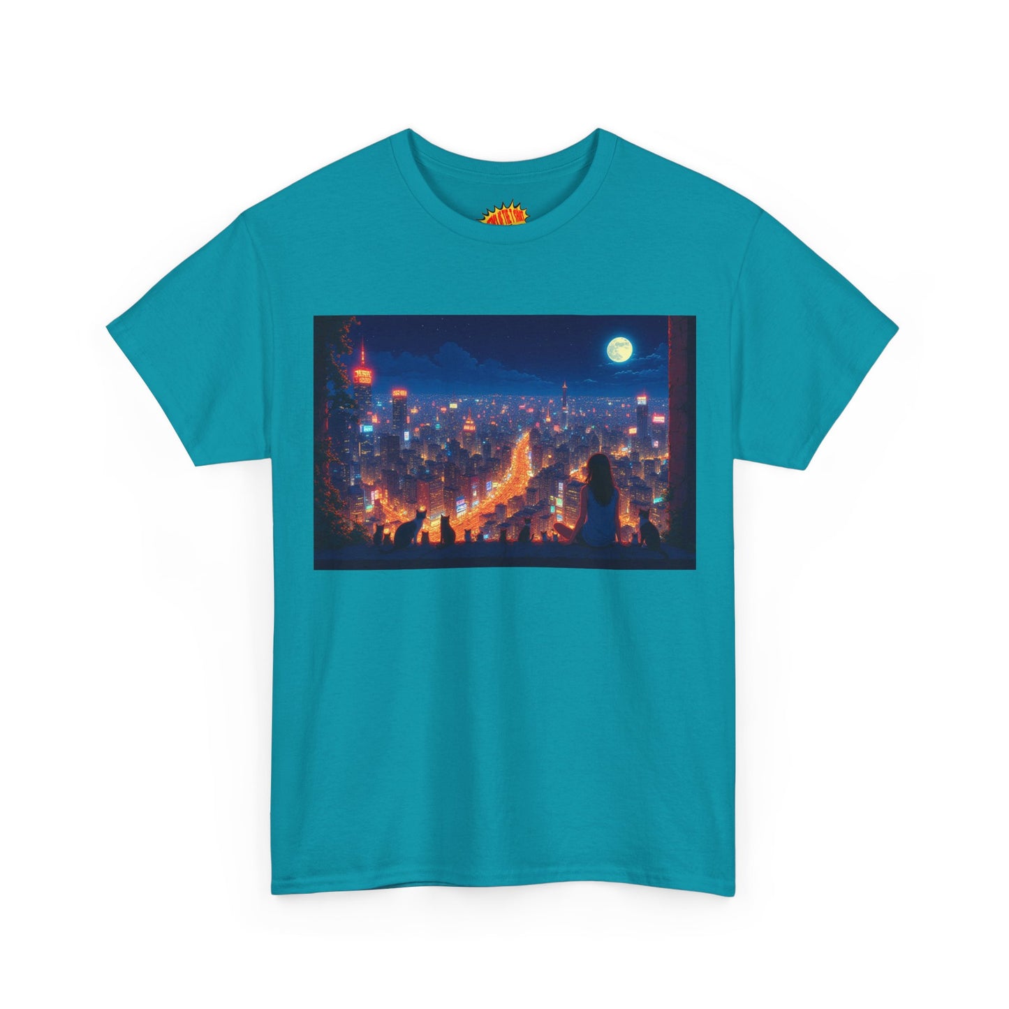 Anime City Night Scene w/Girl & Cats T-Shirt *Multiple Colors*