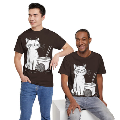 Happy Cat w/Noodles + Yarn Ball Art Drawing Tee Shirt