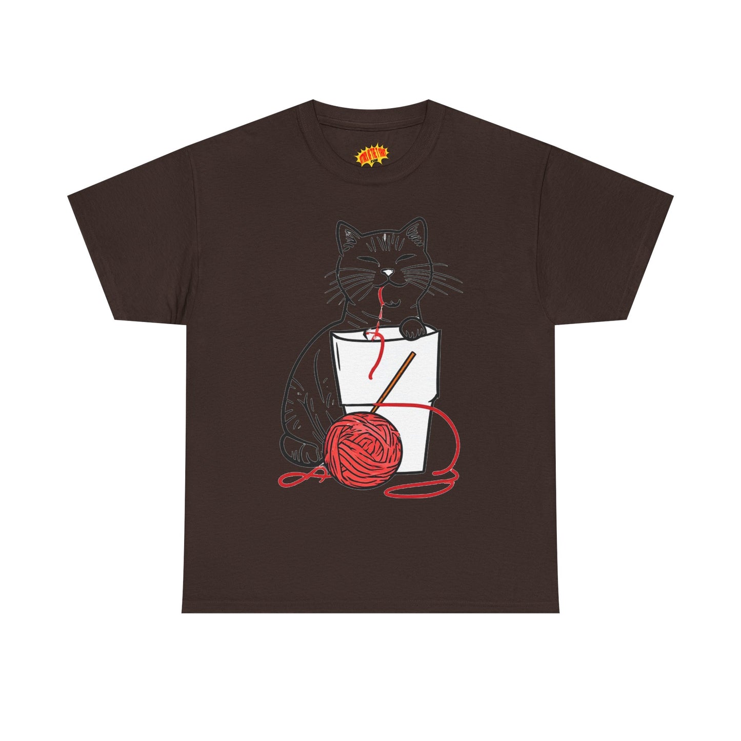 Cat w/Noodle Cup + Yarn Ball Art Drawing Tee Shirt *Multiple Colors*