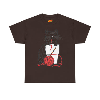 Cat w/Noodle Cup + Yarn Ball Art Drawing Tee Shirt