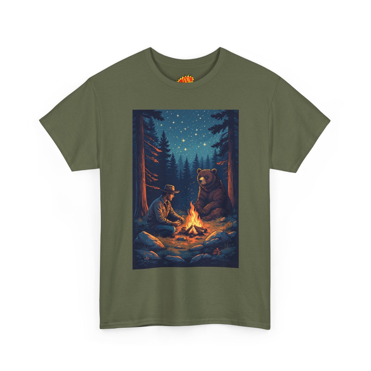 Cowboy w/ Brown Bear Campfire Scene T-Shirt *Multiple Colors*