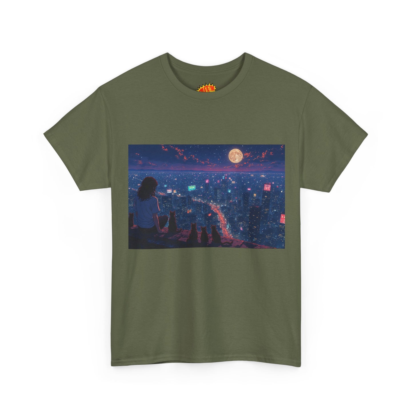 Anime Nighttime Cityscape w/Girl & Cats T-Shirt *Multiple Colors*