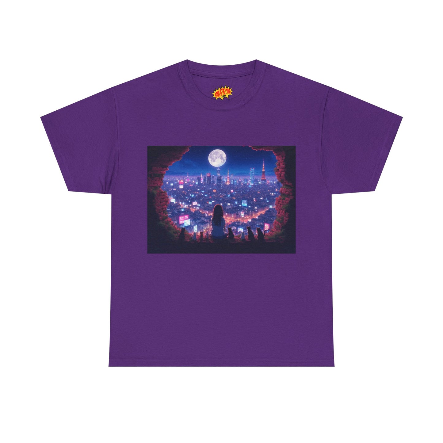 Neon Anime City Night Scene w/Girl & Cats T-Shirt *Multiple Colors*