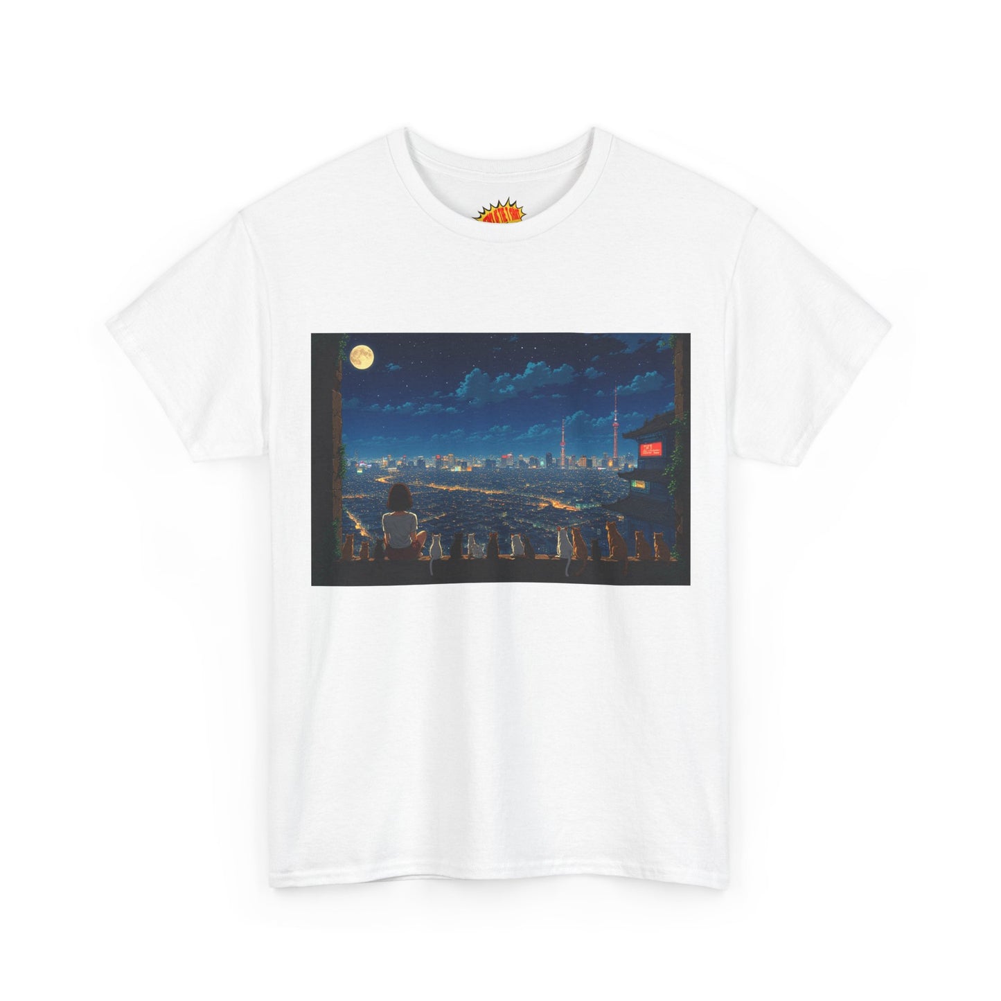 Anime City Night Sky Scene w/Girl & Cats T-Shirt *Multiple Colors*