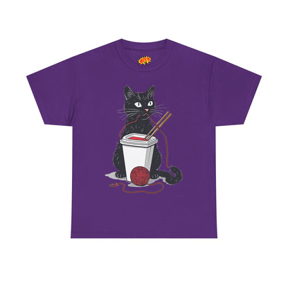 Black Cat w/Noodles + Yarn Ball Art Drawing Tee Shirt