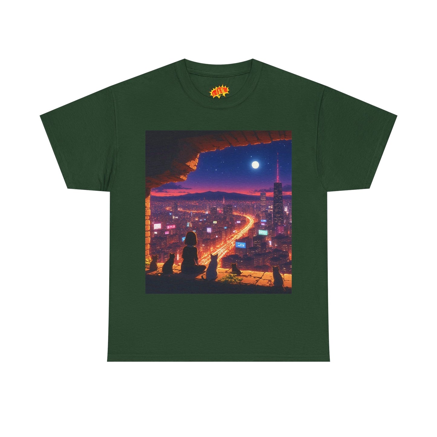 Anime Neon Cityscape Full Moon Scene w/Girl & Cats T-Shirt *Multiple Colors*