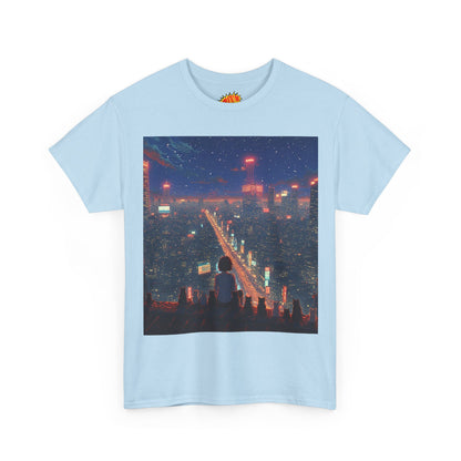 Nighttime Neon Anime City Scene w/Girl & Cats T-Shirt
