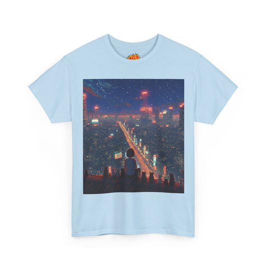 Nighttime Neon Anime City Scene w/Girl & Cats T-Shirt *Multiple Colors*
