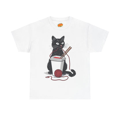 Black Cat w/Noodles + Yarn Ball Art Drawing Tee Shirt