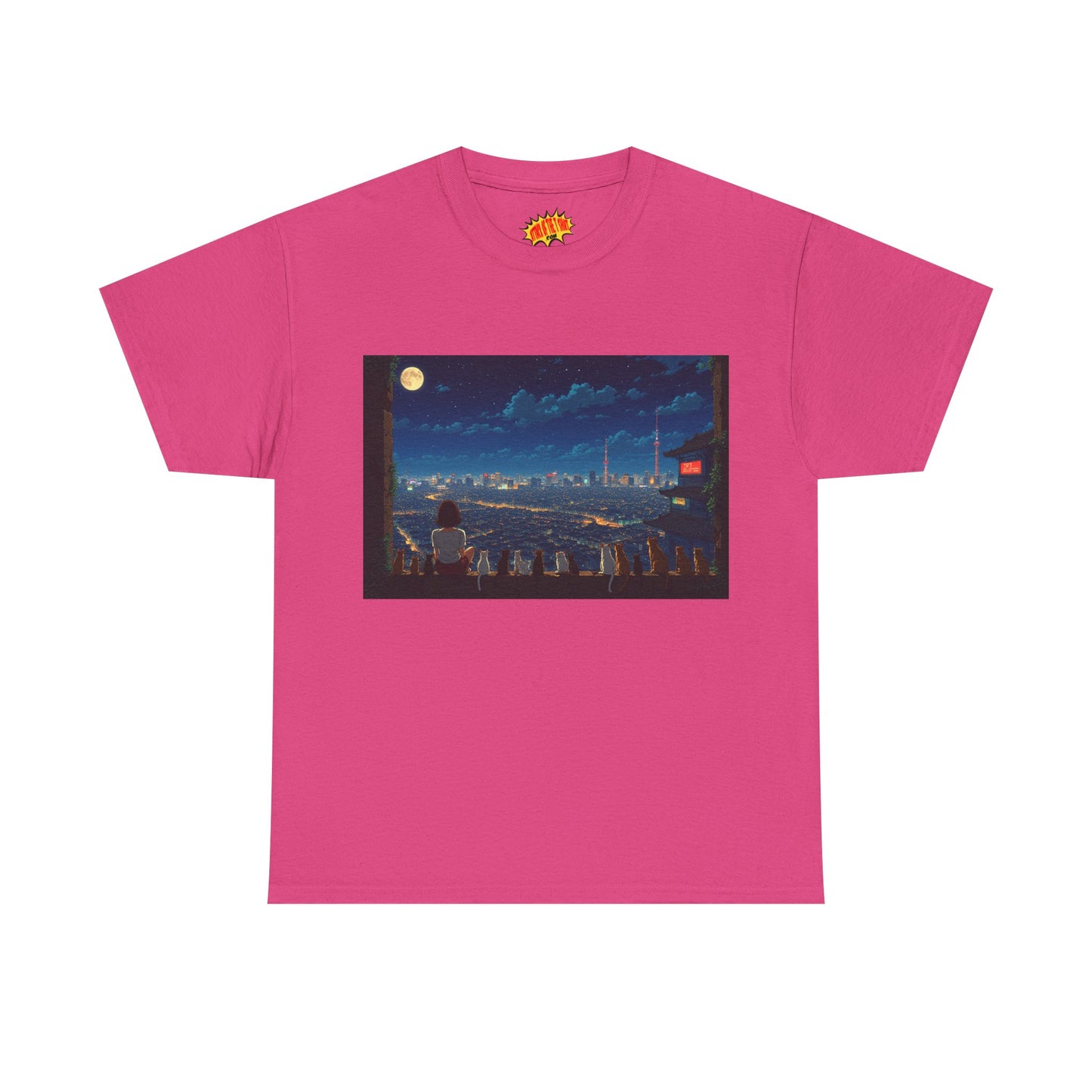 Anime City Night Sky Scene w/Girl & Cats T-Shirt *Multiple Colors*