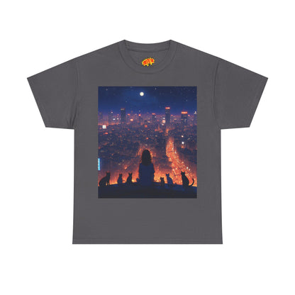 Neon City Anime Nighttime Scene w/Girl & Cats T-Shirt