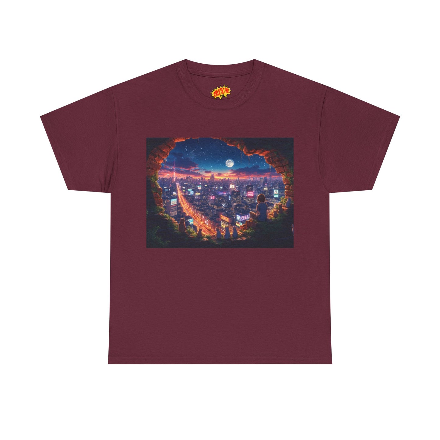 Anime Neon City Nighttime Scene w/Girl & Cats T-Shirt *Multiple Colors*