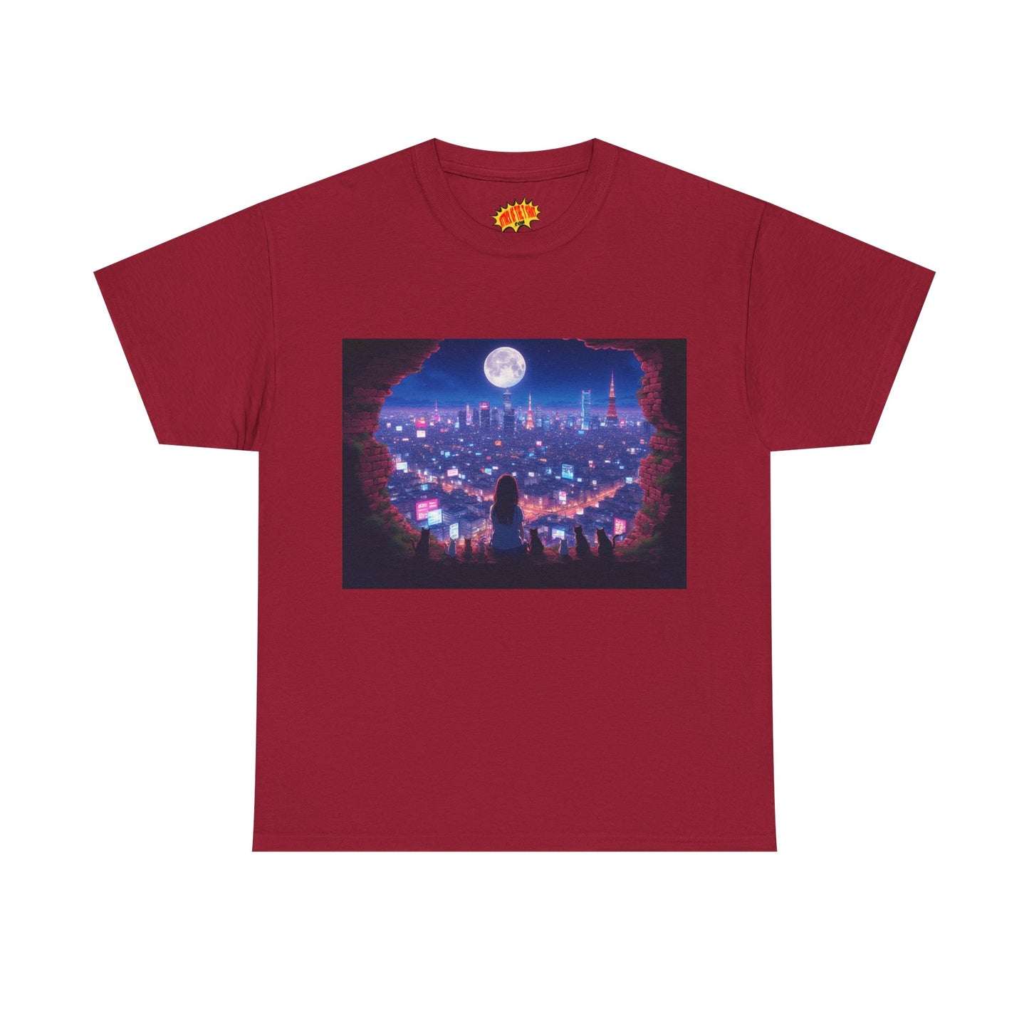 Neon Anime City Night Scene w/Girl & Cats T-Shirt *Multiple Colors*