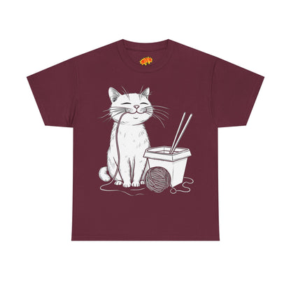 Happy Cat w/Noodles + Yarn Ball Art Drawing Tee Shirt