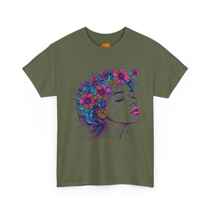 Multicolor Line Drawing Human Flower Graphic Art Tee Shirt